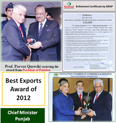 Awards from dignitaries — Prof. Parvez Qureshi receiving award from the President of Pakistan, Best Exports Award 2012, Chief Minister Punjab award, RCCI Achievement Award, DRAP Enlistment Certificate